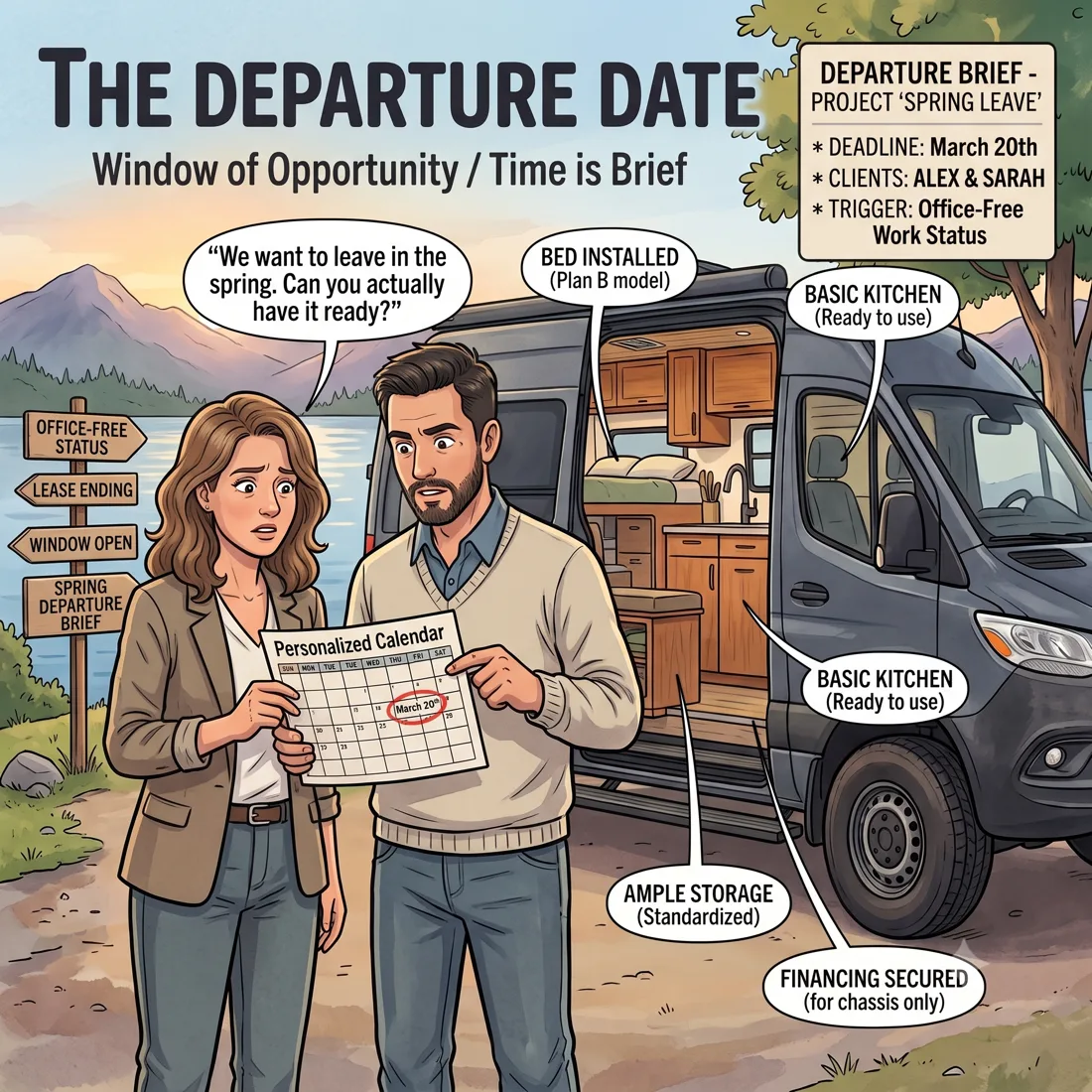 Illustration of The Departure Date: They have a date in mind, and the van has to exist by then.