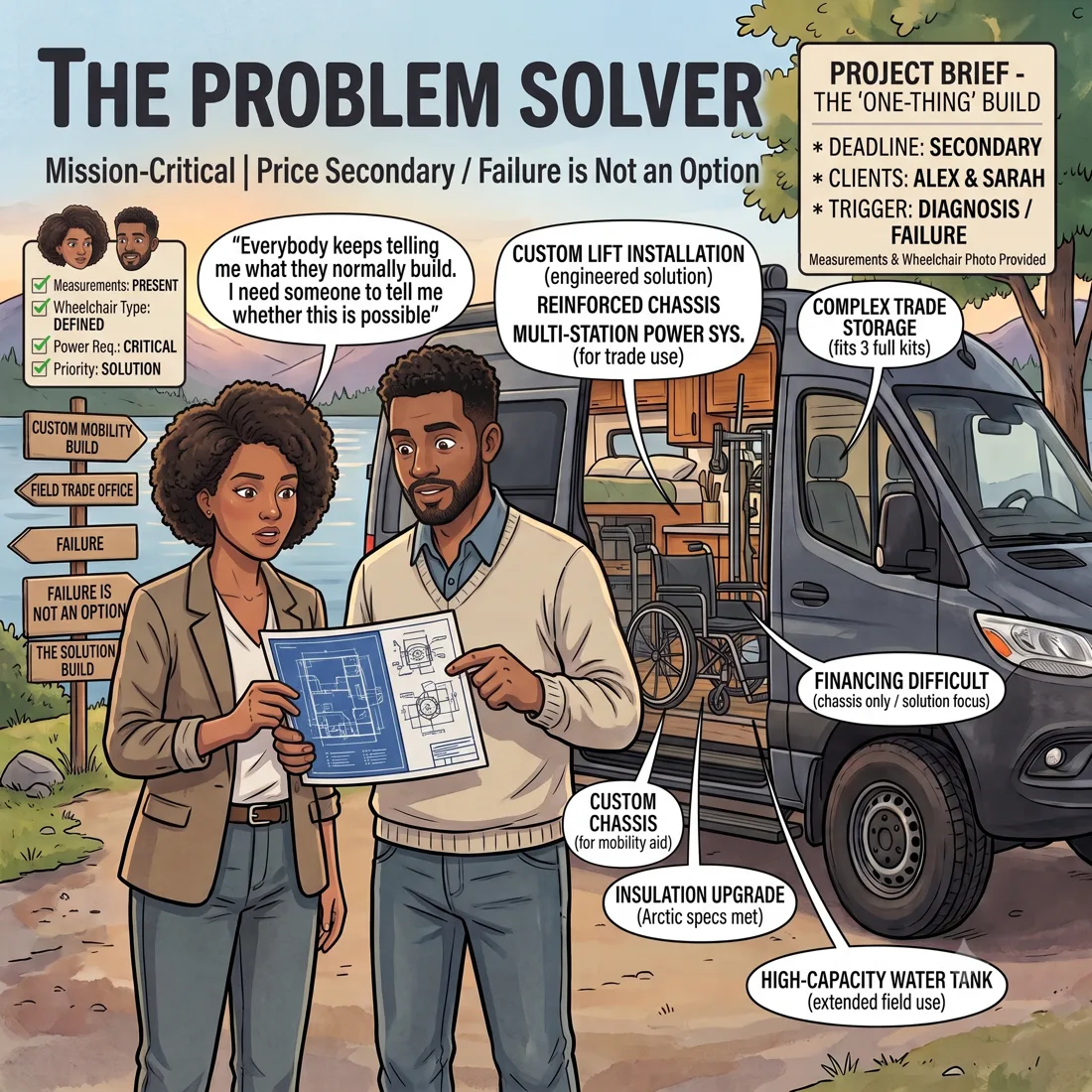 Illustration of The Problem Solver: The van has to do one specific thing, and no factory floor plan does it.